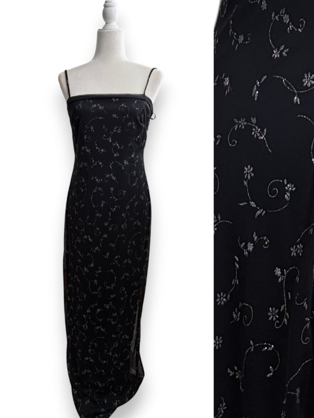 Vintage 90s Y2K Glitter Floral Black Maxi Dress Whimsigoth Fairycore Lace Large